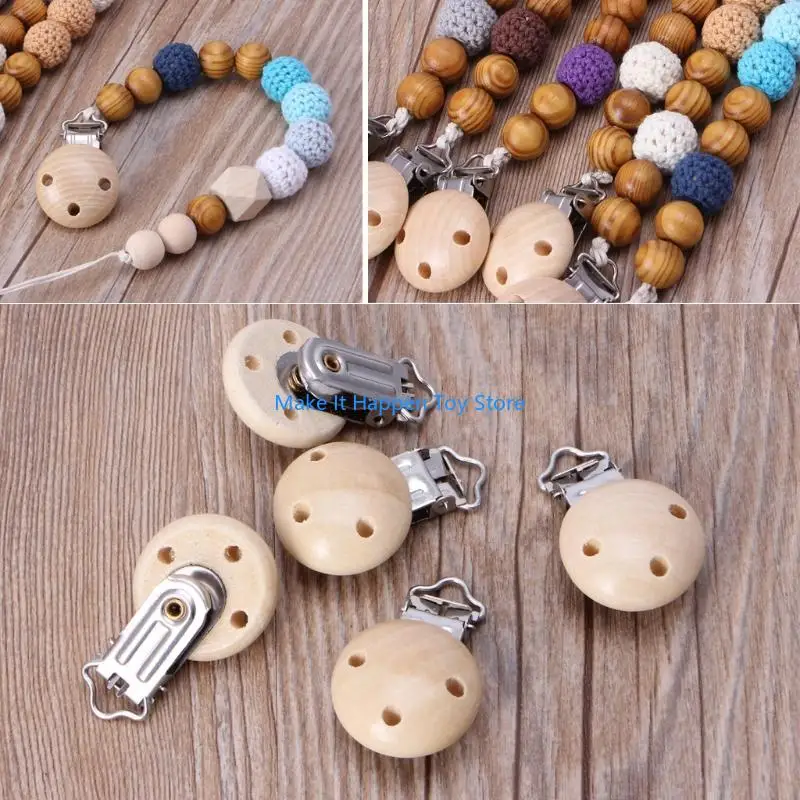 

28EC Rounded Circle Dummy Clip for Baby Teething Pacifier Chain Holder DIY Accesories Natural Beech Wooden Clip 5pcs