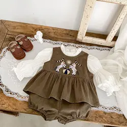 Ins Autumn Baby Corduroy Embroidered Vest Top Pants+Black Ear Collar Long Sleeve Bottom Shirt 3-Piece Set