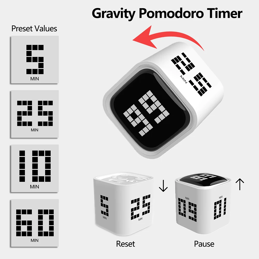 مؤقت بومودورو المكعب القابل للتعديل - عد 5/25/10/60 دقيقة، إعدادات - إيقاف مؤقت، استئناف، مؤقت إنذار صامت، اهتزاز وصوتي