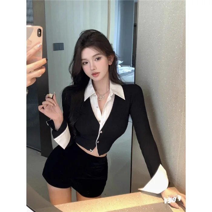 เสื้อคาร์ดิแกนฤดูร้อนของผู้หญิง,เสื้อสองชิ้นปลอม,แฟชั่นสตรีทแวร์แขนสั้น 2025