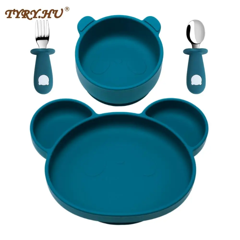 4PCS Baby Soft Silicone Sucker Bowl Plate Cup Bibs Spoon Fork Sets Non-slip Tableware Children's Feeding Dishes BPA Free