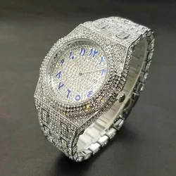 New Arab Number Brand Watch For Men Luxury Fully Diamond Bling Mens Quartz Watches Fashion Iced Out Silver Waterproof Male Clock