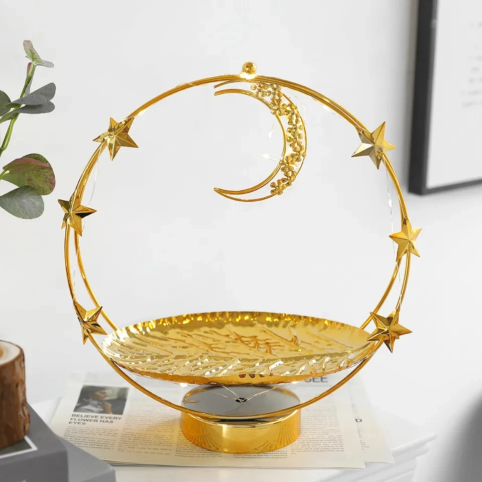 EID Ramadan Metal Gold Candle Holder Tray With Lights Eid Mubarak Muslim Islam Festival Hollow Lamp for Home Ornament Craft 2023