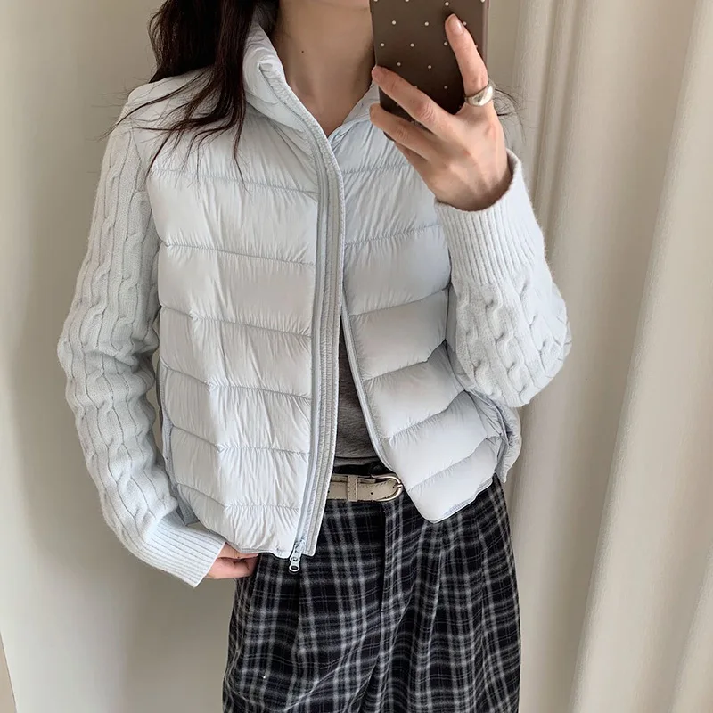 Winter Knitted Sleeves Splice Down Jacket Women White Duck Down Warm Slim Outwears Female Double Zipper Quilted Parker Jacket