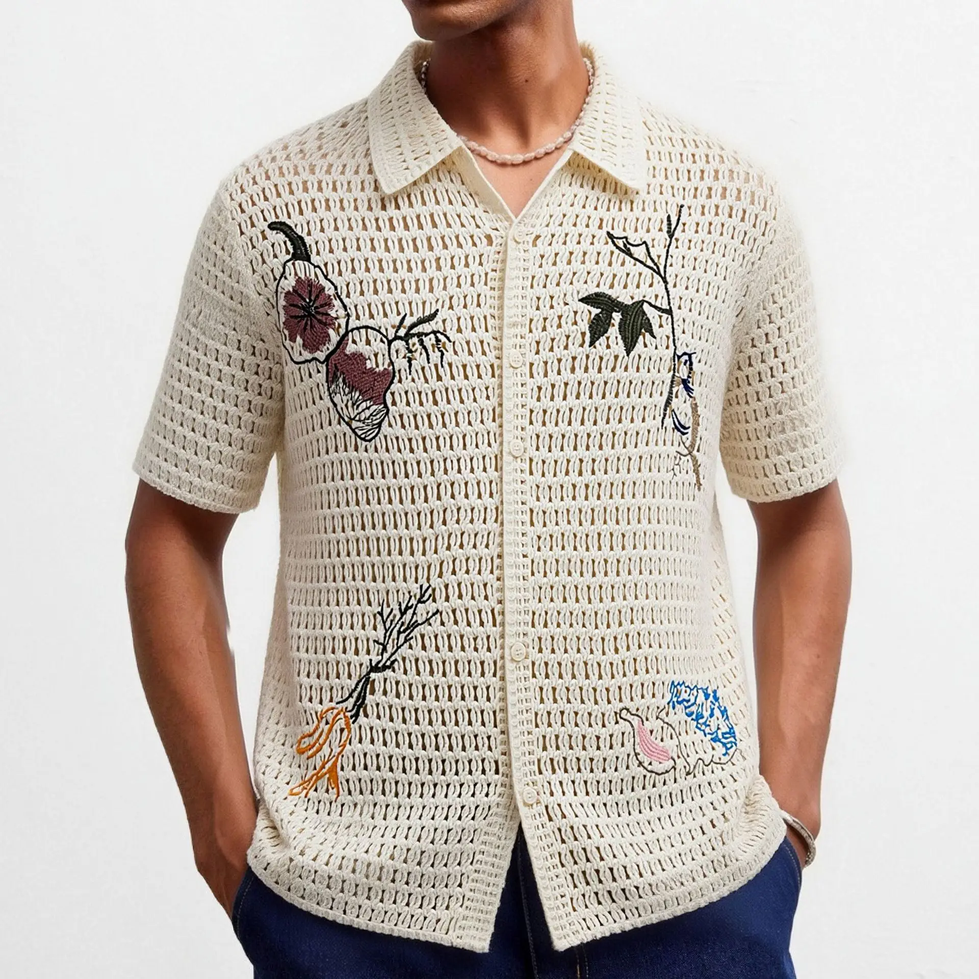 Men's Crochet Knitted Sweater Embroidered Hollow Lapel Holiday Cardigan POLO Shirt Men's Clothing