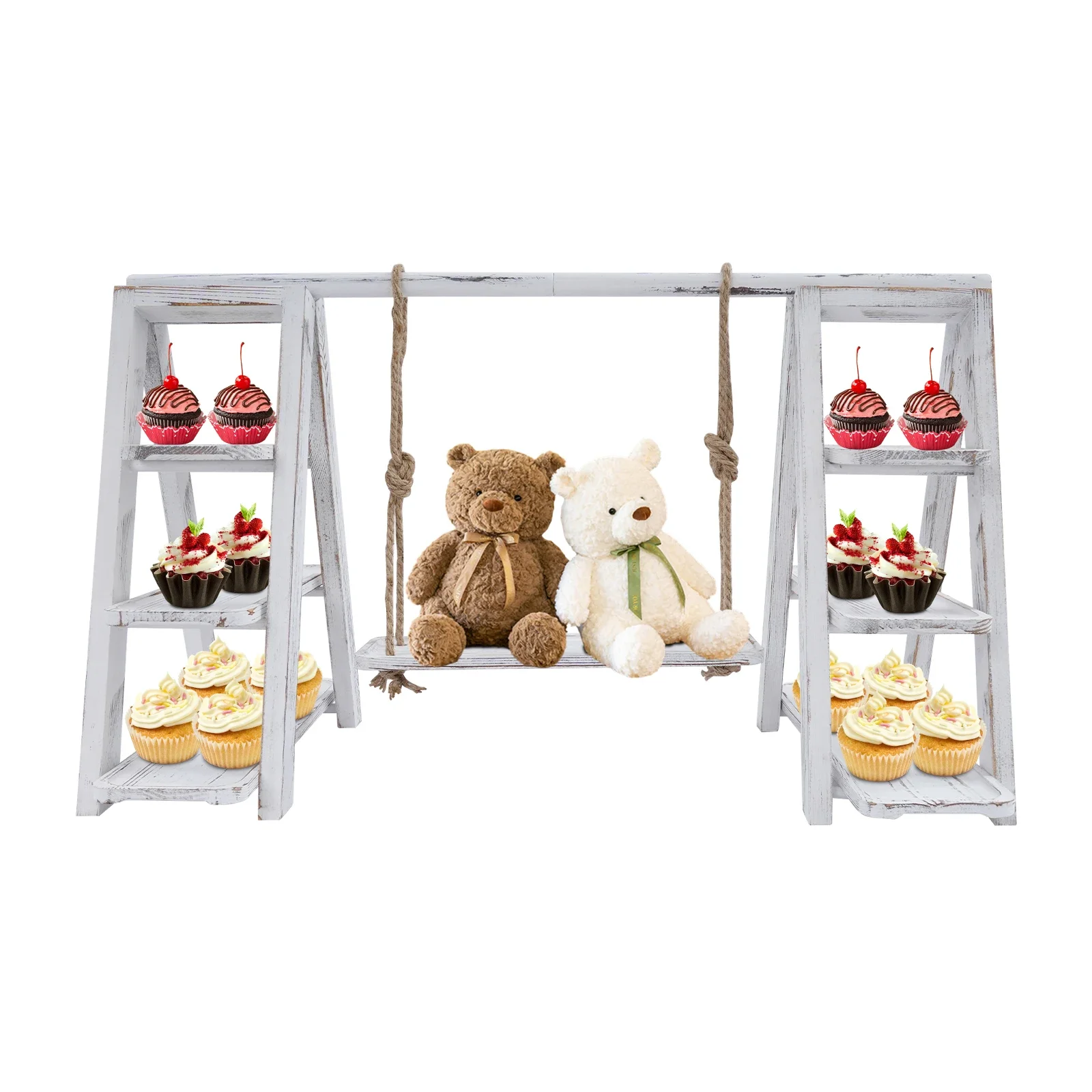 

NEWEST 13.5in Wood Serving Tray Ladder 3Tier Cupcake Stand with Removable Trays&Swing Plates,Foldable A-Shaped Table Display Set