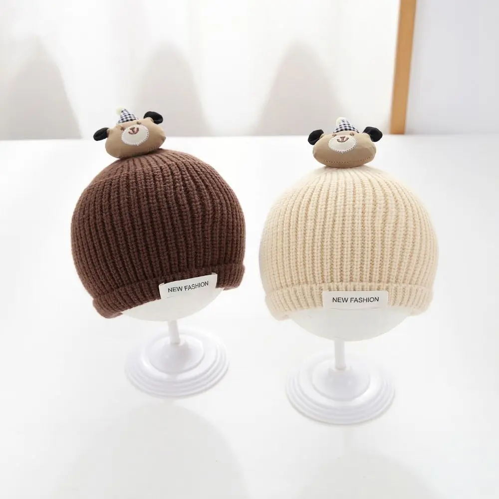 

Зимняя вязаная шапка для малышей с мультяшным медведем, дышащая, для детей 3-18 месяцев, плюшевая, ветрозащитная, однотонная