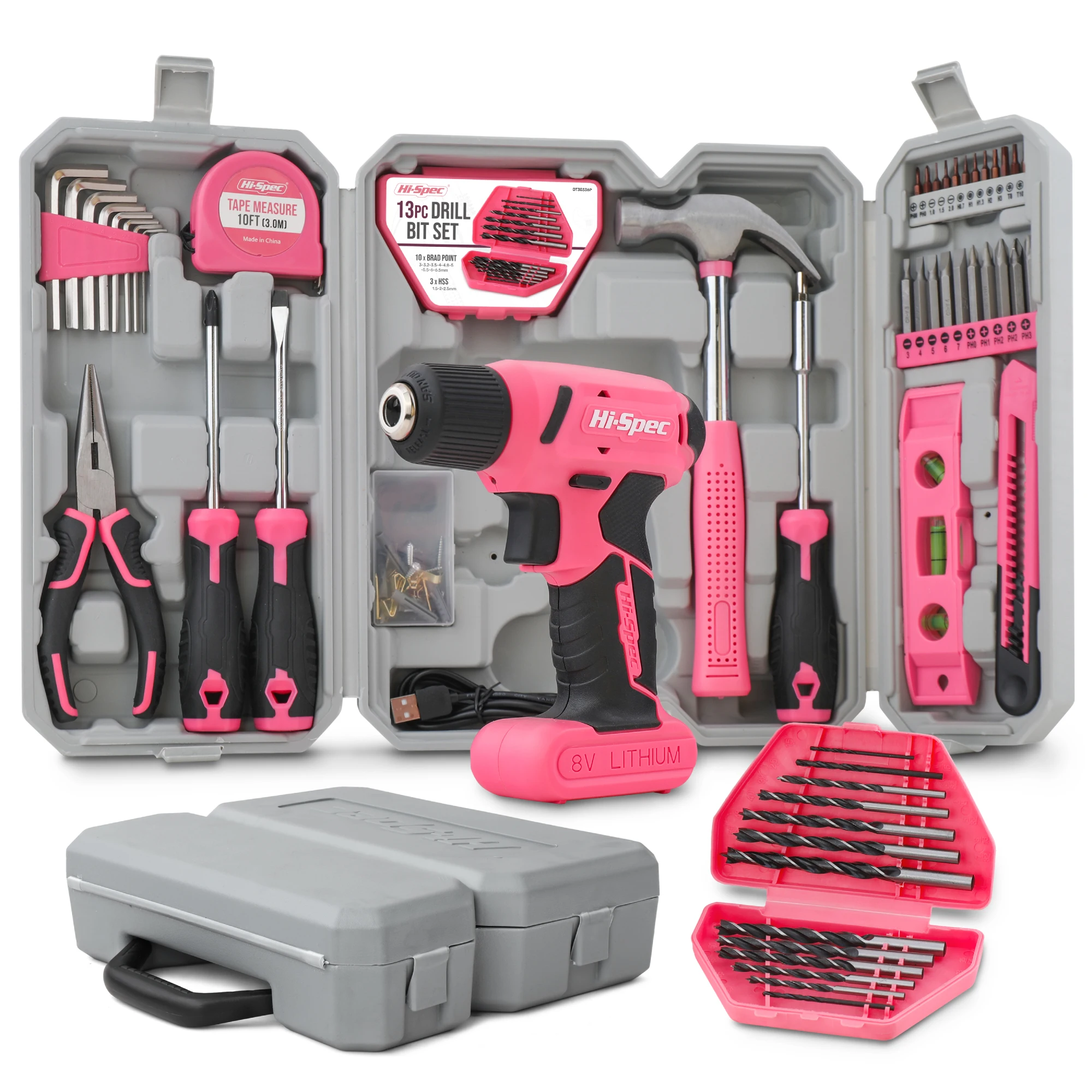 Set di trapano Hi-Spec 58pc Pink Tool Set 8V USB trapano elettrico Driver e Kit di attrezzi per la casa.