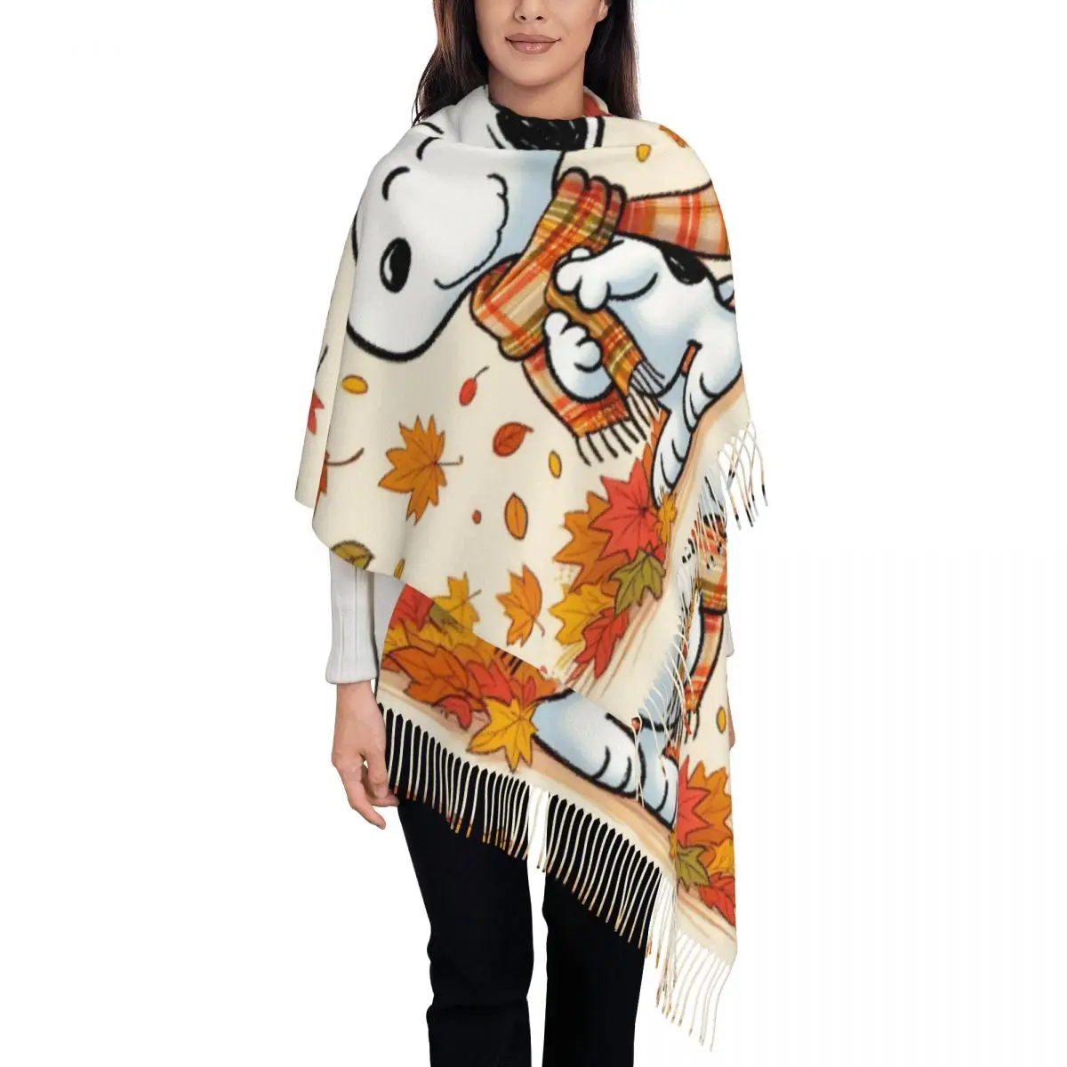

Custom Cartoon Snoopy Scarf Wrap Women Long Winter Fall Warm Tassel Shawl Unisex Scarves