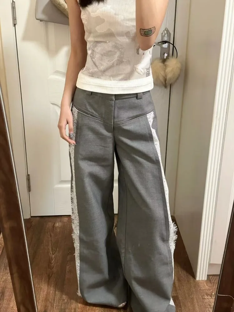 HOUZHOU-pantalones de vestir de encaje Vintage para mujer, traje de cintura alta, pierna ancha, gris, holgado, Y2k, informal, elegante, ropa de