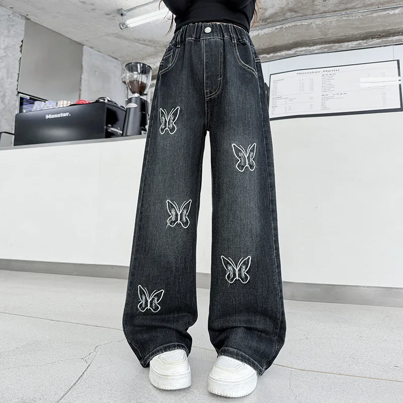 

2025 Autumn Children Girls Straight Leg Pant Butterfly Embroidery Teenager Girls Denim Pant Elastic Waist Kids Girls Trousers