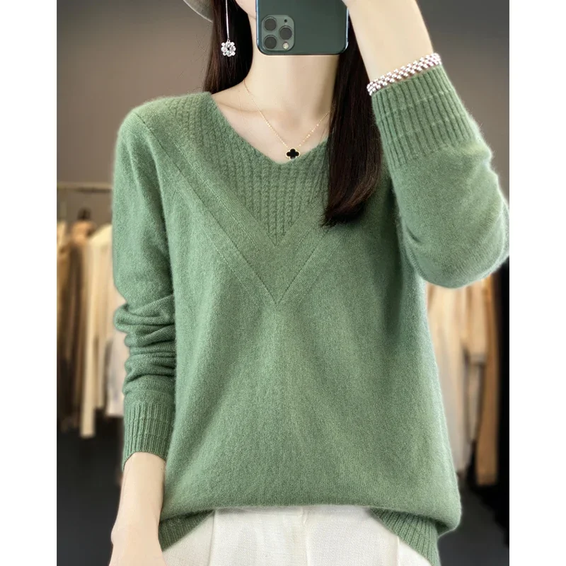 

Модный свитер из 100% мериносовой шерсти, кашемировый пуловер, женский трикотаж с v-образным вырезом и длинными рукавами, осенне-зимняя модная базовая одежда, топы