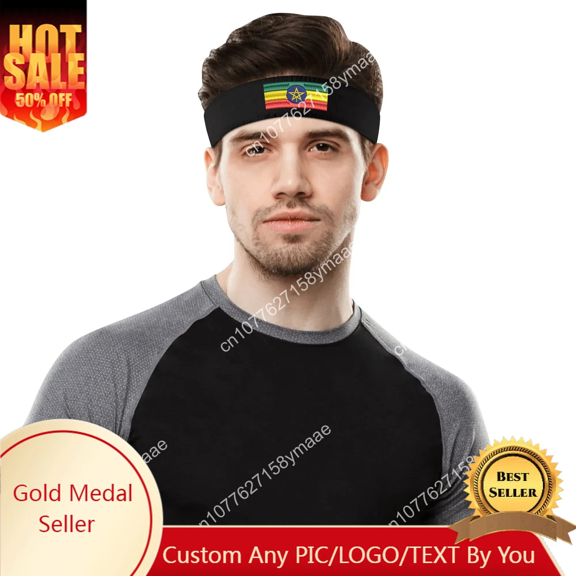Ethiopia Flag Embroidered Sports Headband Mens Womens Sweatband Bandana Fitness Sweat Absorb Band DIY Name & Team Name & Colors