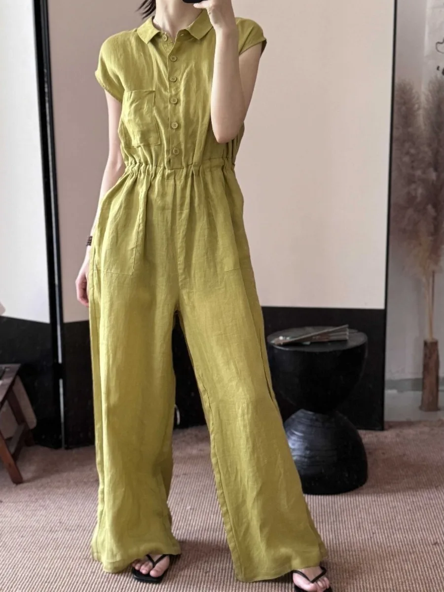 

Повседневный хлопковый льняной комбинезон с воротником ort Sve, широкие брюки с завязками на талии, большой размер, женские модные брюки Agel