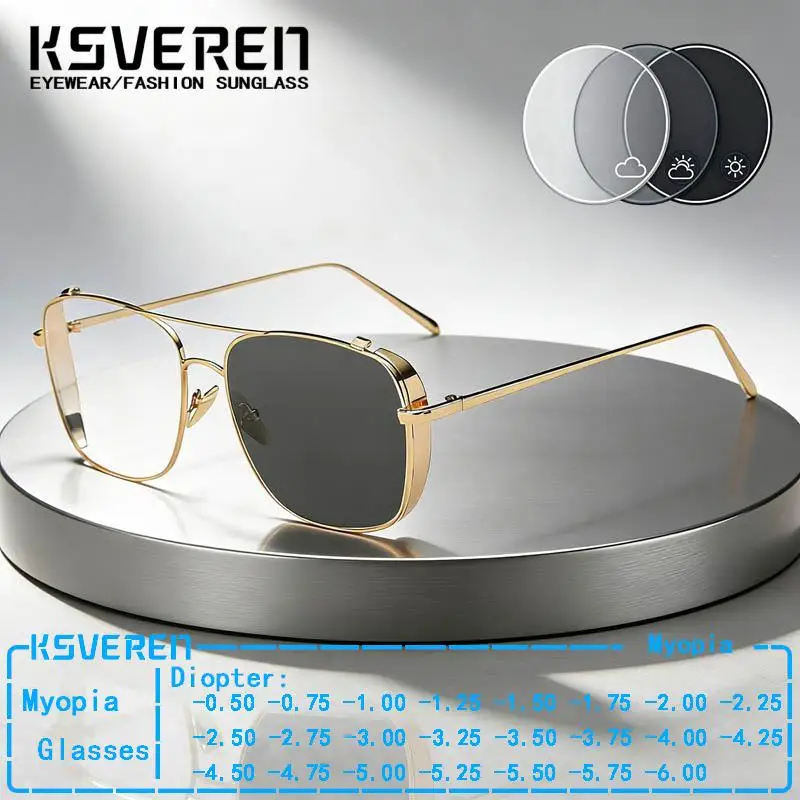

Designer Metal Large Frame Photochromic Myopia Glasses Men Women Trendy Prescription Eyewear Discolor Driving Eyeglasses -1.50