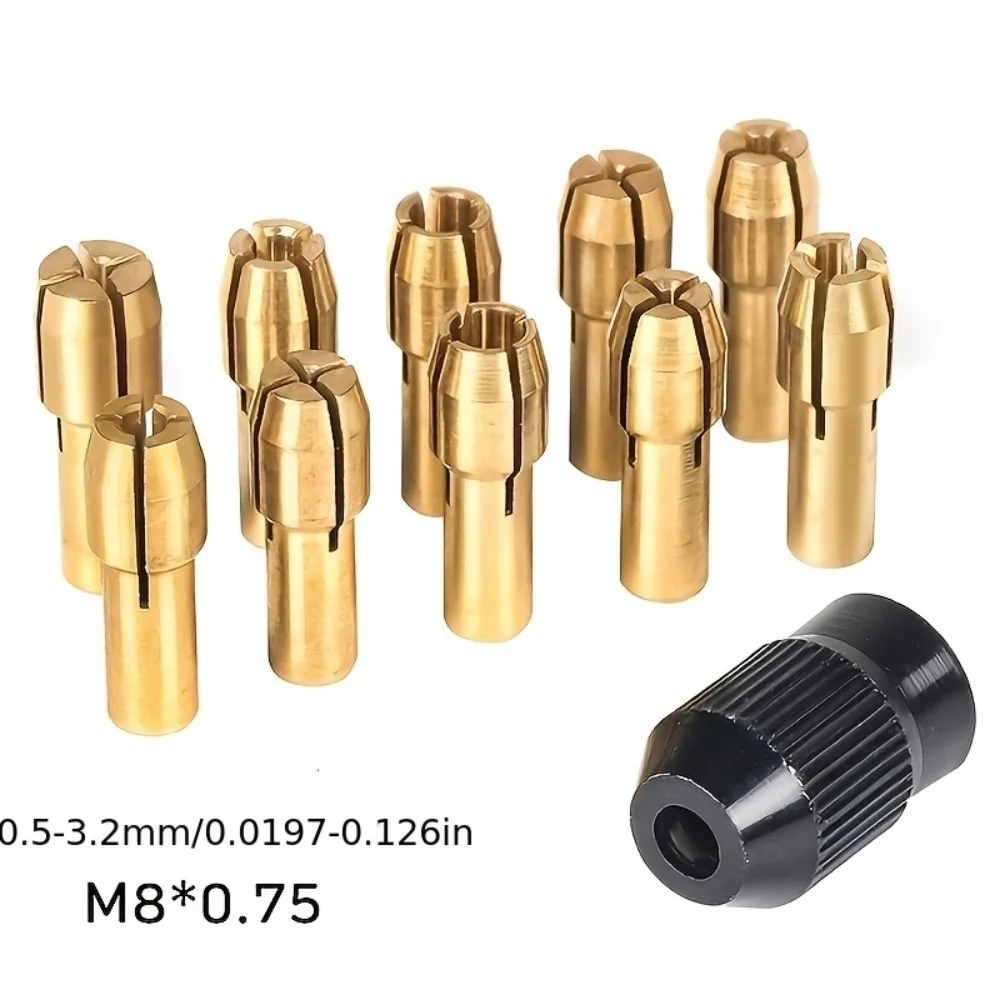 11-Piece Micro Drill Chuck Brass Collet Set, Suitable for Home DIY Repair Tools, Electric Grinder Collet, Collet Nut Set