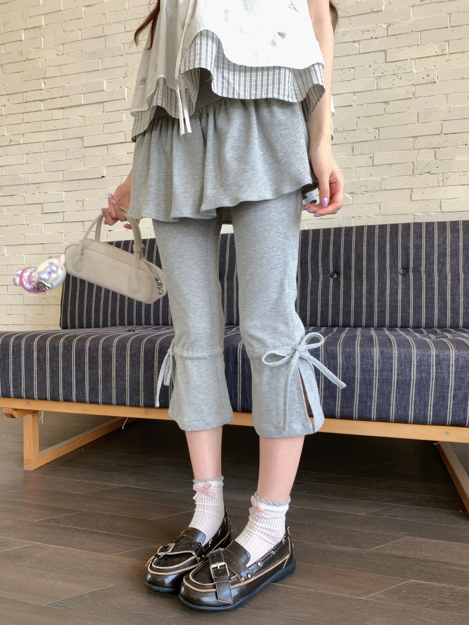 Ruan Ruan Grey Ballet Casual Pants Women's Summer Loose Fit Bell Bottom Drawstring Adjustable Slimming Casual Pants