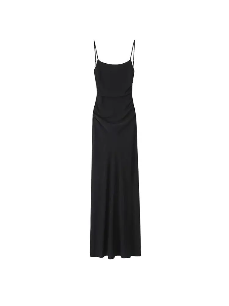 Draped Midi Dress for Women, Straight Neck, Thin Straps, Backless Female Dresses, Chic Fashion