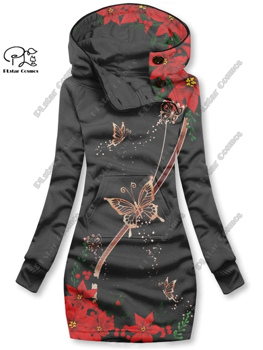 3D printing Christmas snowflake animal butterfly dragonfly pattern special collar women\'s long sweatshirt dress to keep warm