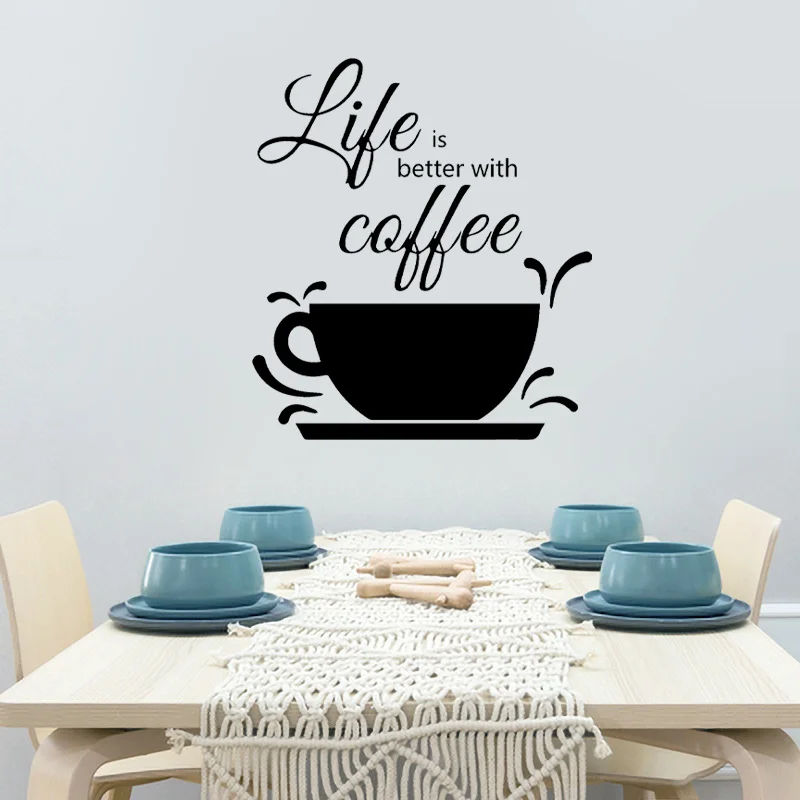 Life Is Better with Coffee Quotes Kitchen Wall Stickers Vinyl Home Decor for Cafe Shop Fashion Coffee Cup Decals Wallpaper D581