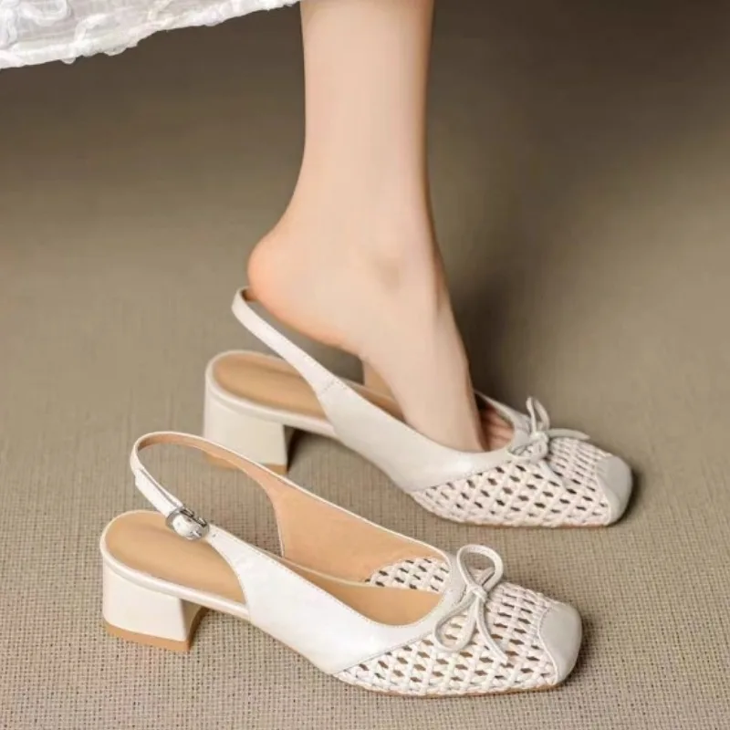 Baotou Kitten Heel Shoes Women's Summer New Bow Knot Woven Cutout Square Toe Shallow Mouth One Strap Block Heel Sandals