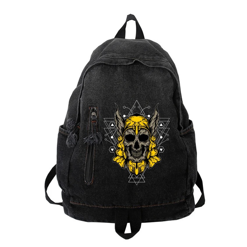 

Denim School Bag Teenager Funny Skull Pattern Printed Backpack Ladies Women Backpacks Travel Hip Hop Students Harajuku Backpack