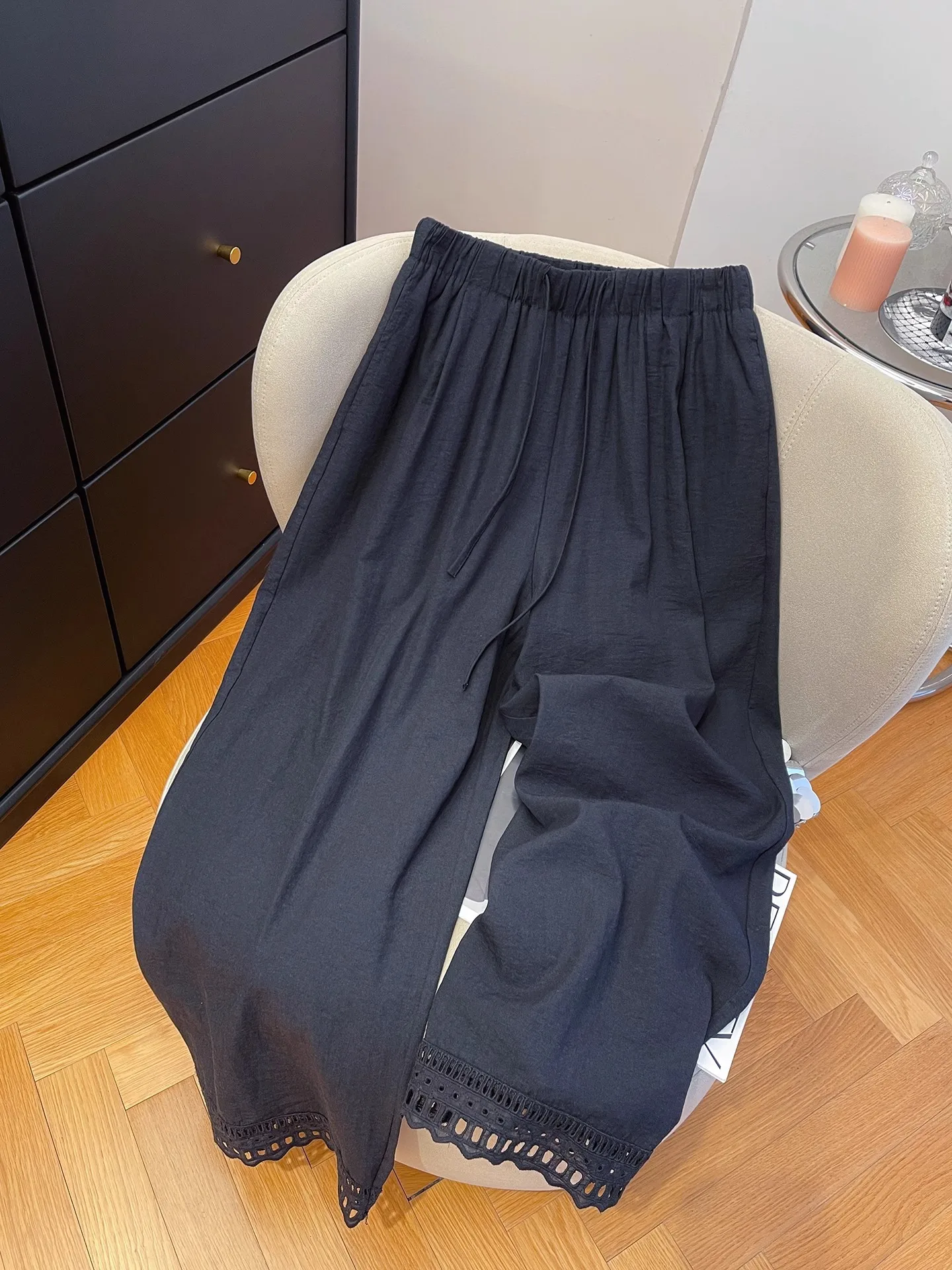 Extra Large 300 Pou High Waist Straight Leg Pants Women's Summer Dstring Wide Leg Casual Long Trousers Hollow out Thin