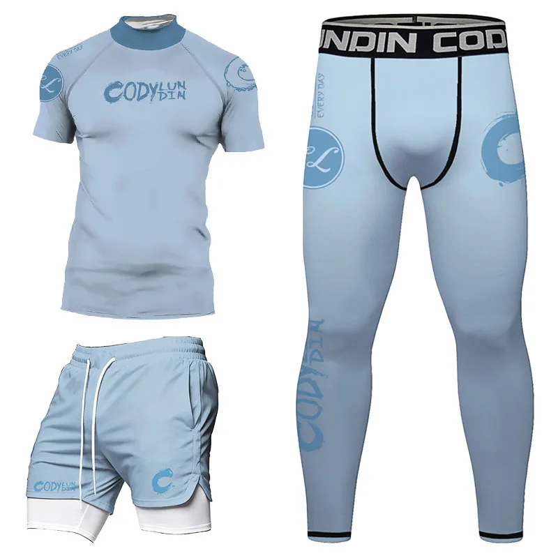 Men Light Blue BJJ Rashguard Kit, Short & Long Sleeve Compression Top + 2‑Layer Pockets Shorts, MMA Jiu‑Jitsu Training