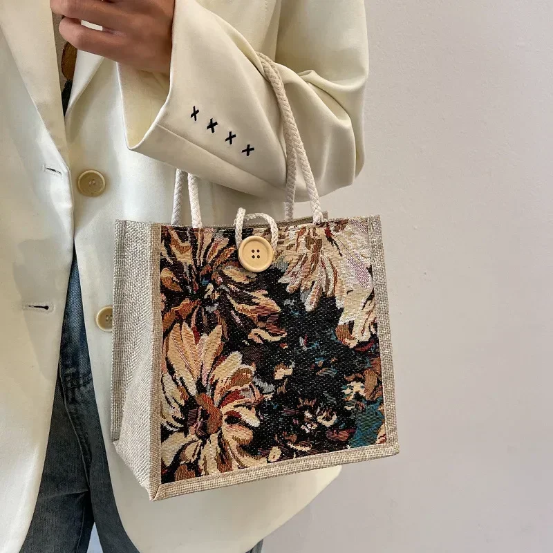 Nova bolsa de linho feminina flor impressão presente embalagem bolsa almoço grande capacidade tote reutilizável eco-friendly saco de compras