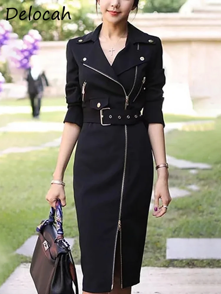 

Delocah High Quality Autumn Women Fashion Designer Blends Coat Long Sleeve Belt Black Solid Color Elegant Slim Coats Overcoat