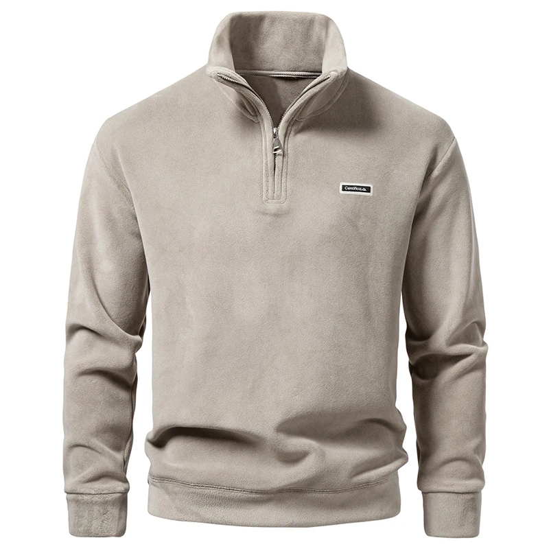 Men's Autumn Winter Fleece Hoodies Casual Sweatshirts High Neck Pullovers Quarter Zip Sports Thermal Hoodie Army Green Beige