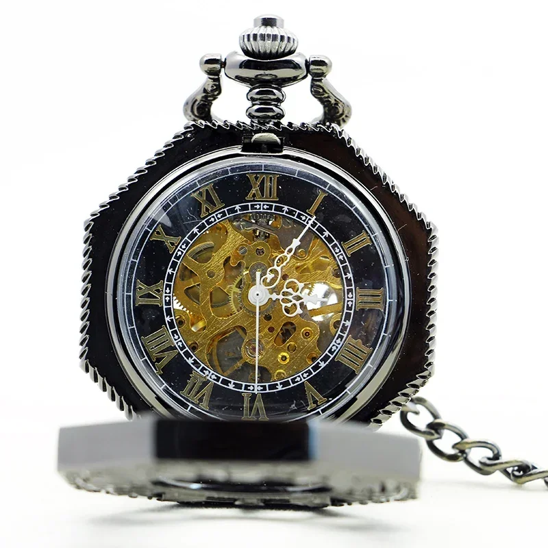 Black Hollow Fob Chain Zeshoekig Mechanisch Zakhorloge Mannen en Vrouwen Dame Horloges Heren Vintage Geschenken relojes de bolsillo