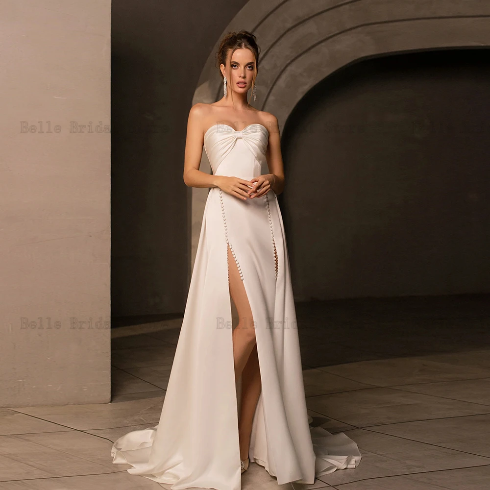 Sexy Elfenbein Hochzeit Kleider Sweet Neck Sleeveless A-line Brautkleider Falte Bodenlangen Frontseiten-schlitz Vestidos De Novia 2023