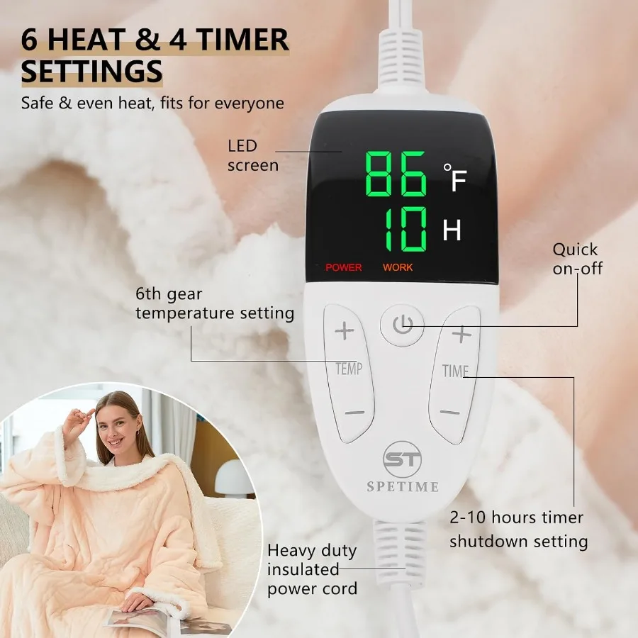 Cobertor aquecido elétrico vestível com mangas e bolso para os pés para cobertura completa do corpo oferece 6 máquina de configurações de calor ajustáveis W