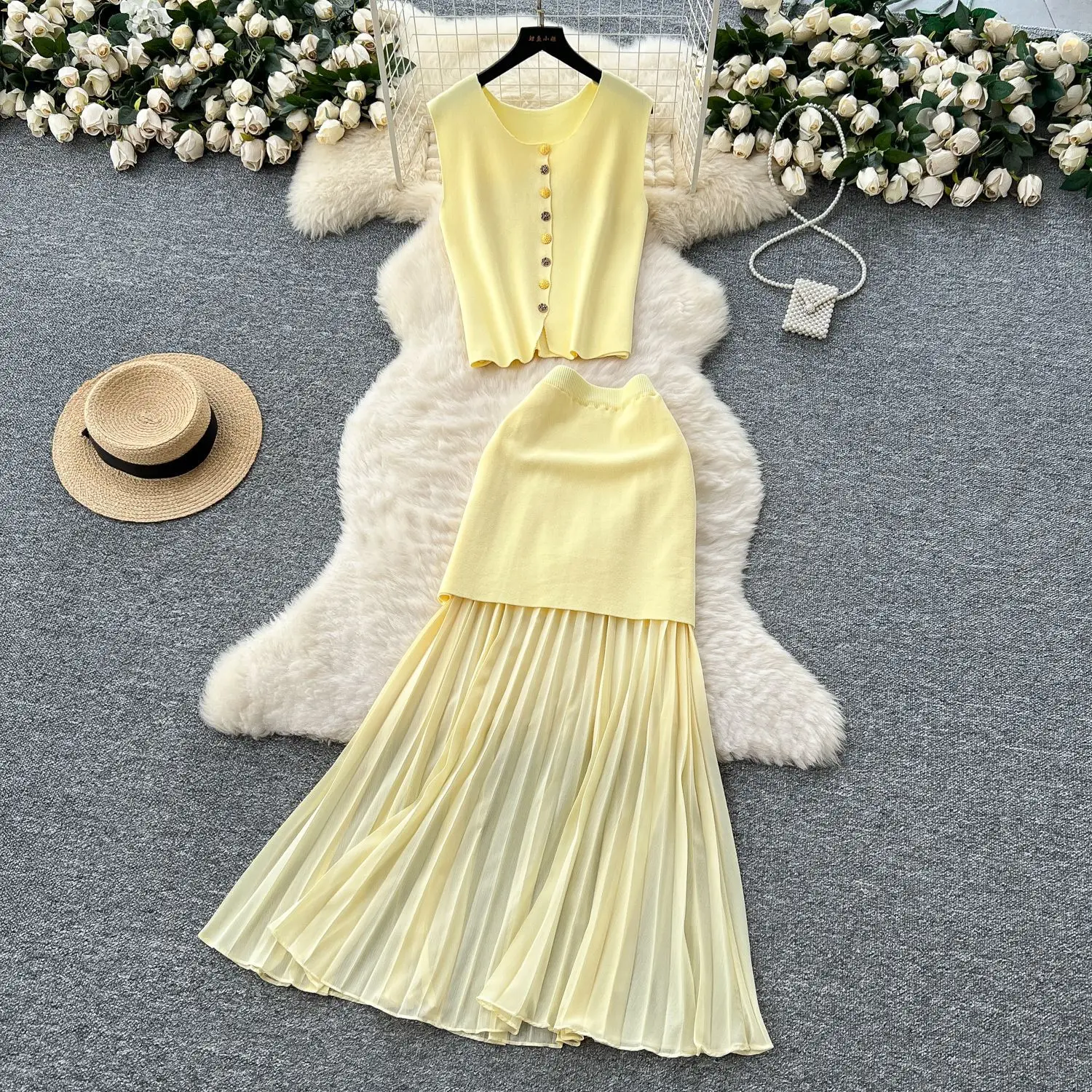

Two Piece Sets Women Skirt Set Matching Sets Sleeveless Knitted Dress Sets Tops Long Skirts Pleated A Line High Waist Casual