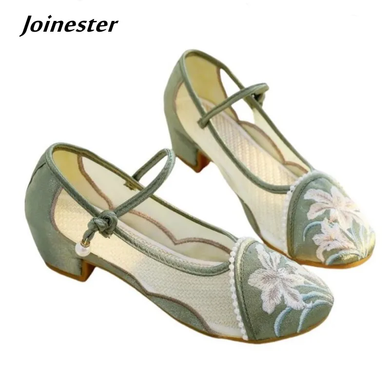 Women Round Toe Low-Heeled Embroidered Dress Shoe Chinese Stylish Mesh Mary Jane Pumps Ankle Strap Summer Shoes for Ladies