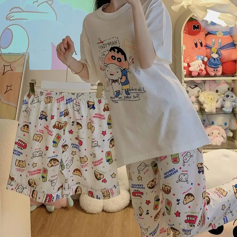 New Kawaii Cute Crayon Shin Chan Pajamas Three Piece Short Sleeve Sling Student Leisure Cartoon Anime Fashion Birthday Girl Gift