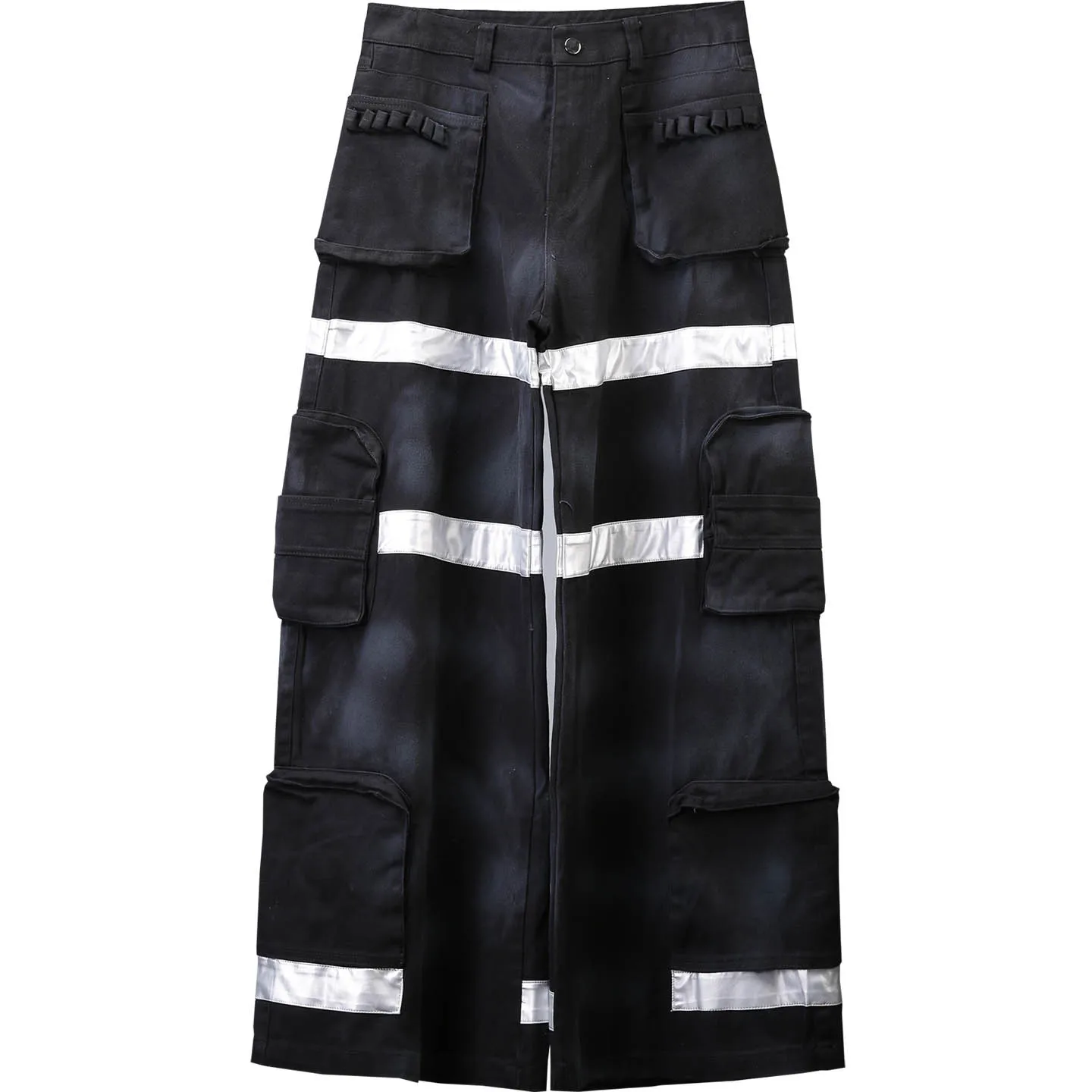 Designer Techwear Tooling Fire Pants Reflective Stripe Heavy Industry Street Dirty Dyed Multi-Pocket Wide Leg Jeans Mop Trousers
