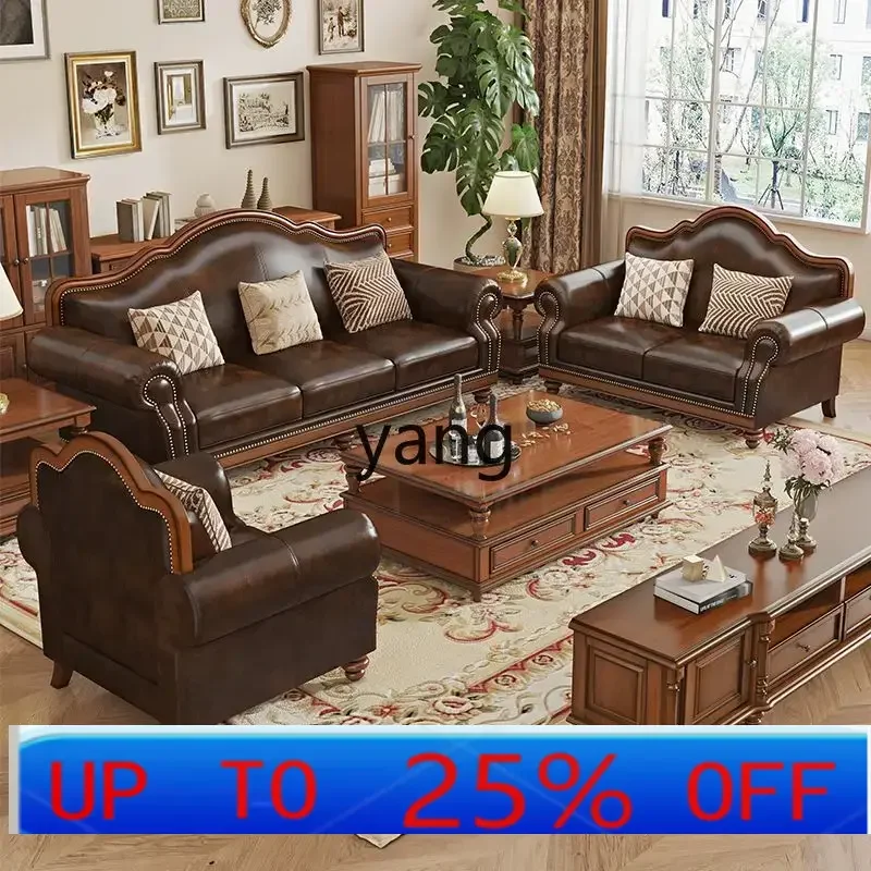 

Lhh retro solid wood sofa living room small apartment living room villa furniture four people