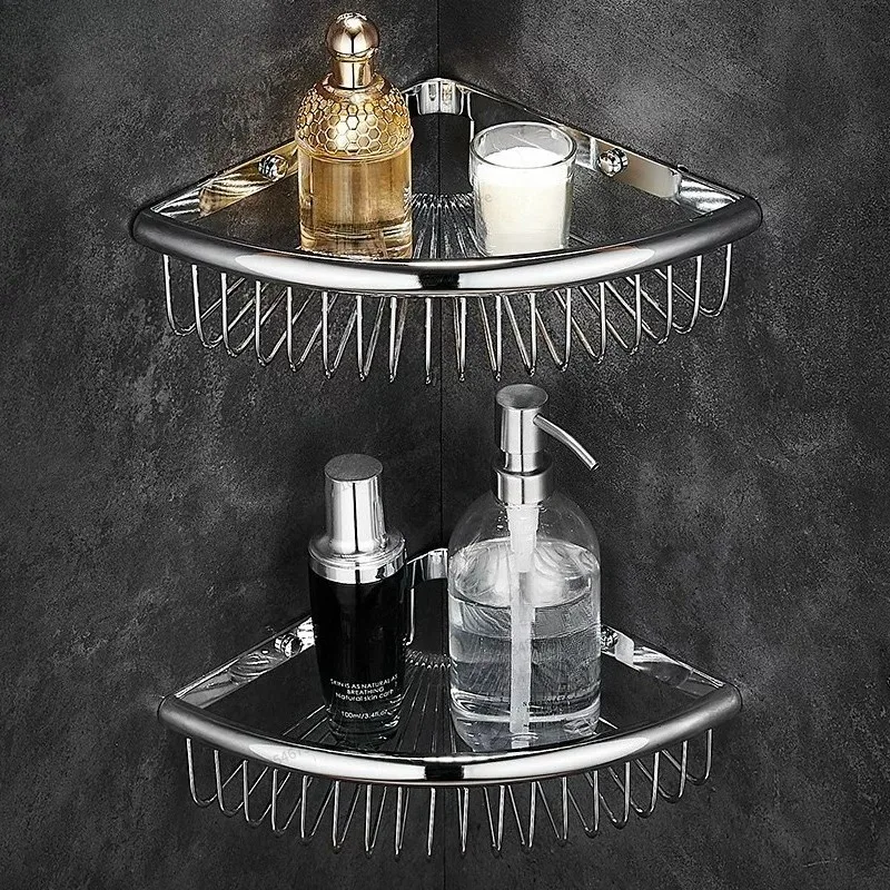 For Full Copper Bathroom Triangular Shelf No Punching Hole Toilet Shower Room Corner Storage Triangular Basket