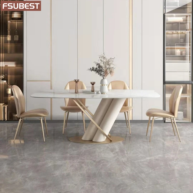 Luxury Marble Rock Slab Dining Table Set 4 Chairs Mesa De Jantar Comedor A Manger Sillas Tavolo Pranzo Stainless Steel Gold Base