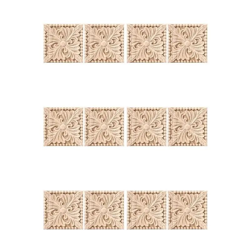 

【CHRISTMAS 】12 Pack Wood Carved Applique Onlay Square Carving Decal Unpainted Flower Door Cabinet Furniture Decoration 3.94X3.94