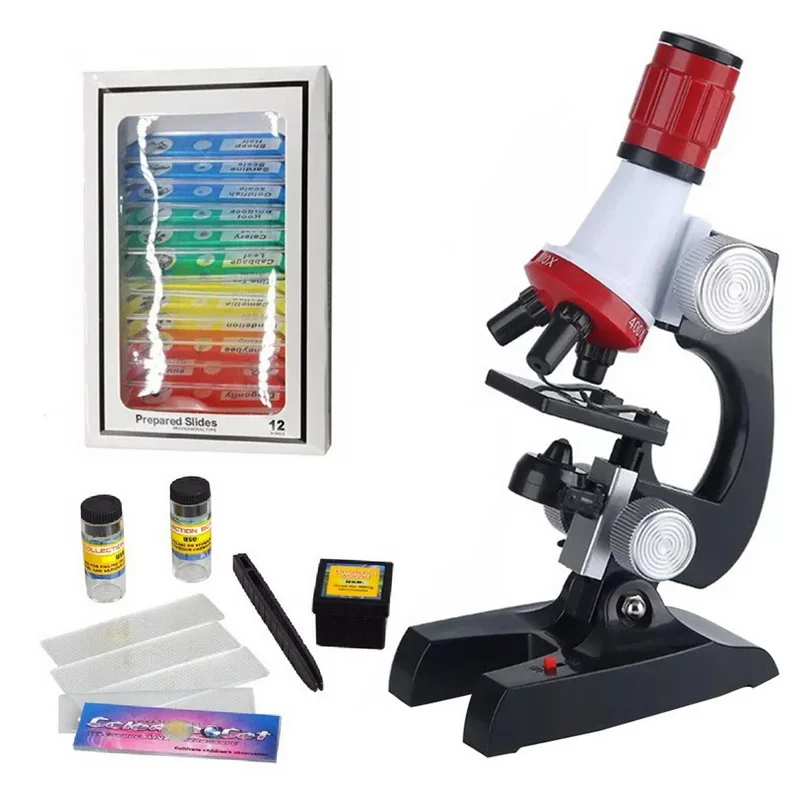 Kids Microscope Kit Science Lab LED 100-1200X Biological Microscope Home School Educational Toys Children Optical Instruments