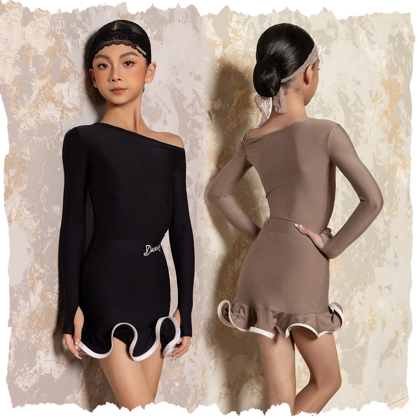 

2025 платья для латинских танцев, костюмы для латинских танцев для девочек, топ с наклонными плечами, юбка, профессиональная одежда для сцены чачи DW11201