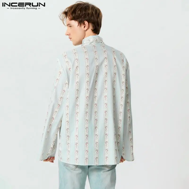 INCERUN-Camisa borla estampada masculina, com renda, manga comprida, roupa casual, moda streetwear outono, elegante, S-5XL, 2023