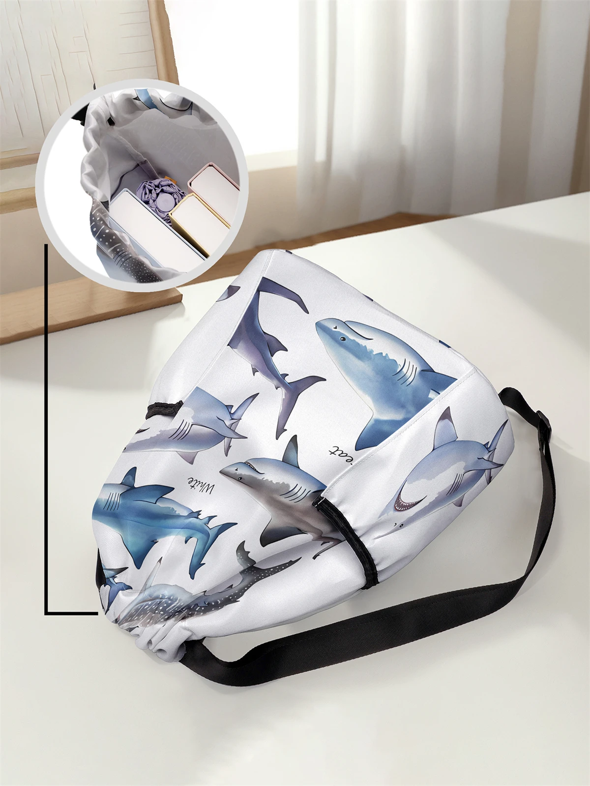 حقيبة ظهر برباط بنمط القرش - حقيبة لياقة بدنية متينة ذات سعة كبيرة، أشرطة كتف قابلة للتعديل، حقيبة ظهر رياضية للشاطئ