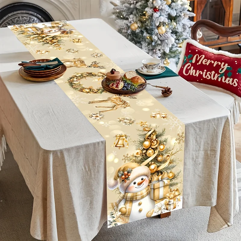 VIKAMA Christmas Table Runner Snowman Gold Xmas Tree Bell Gift Decorative Washable Polyester Kitchen Dining Holiday Centerpiece