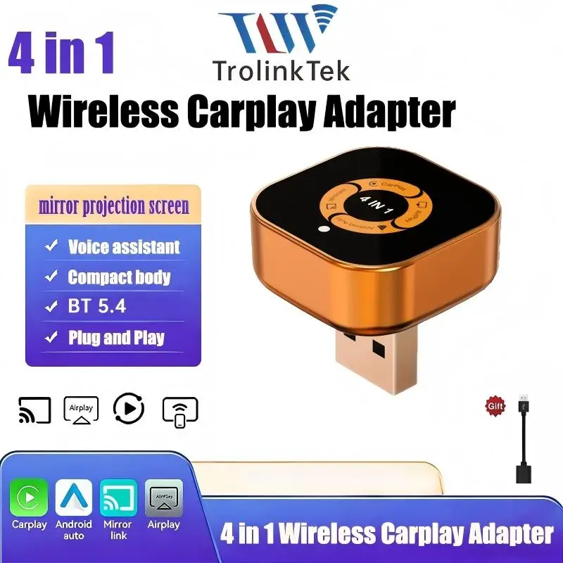 Adaptateur CarPlay 4-en-1 TrolinkTek 2026 amélioré, Android Auto sans fil, Mirror Link, boîte intelligente MiNi AI, connexion USB automatique, Plug and Play