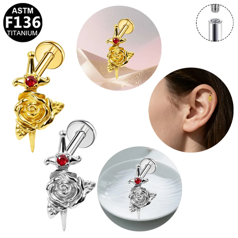 ASTM F136 Titanium Internally Threaded Labret Studs, Sword Rose Red CZ Cartilage Earrings, Vintage Gothic Floral Helix Tragus Pi