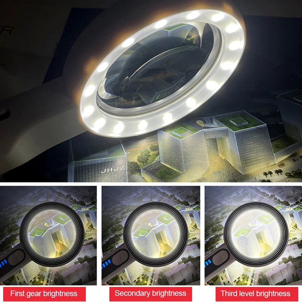 Rechargeable Handheld Magnifier 5X 6X 11X 12X 3 Lighting Modes Illuminated Magnifying Glass With LED Light For Reading Repair